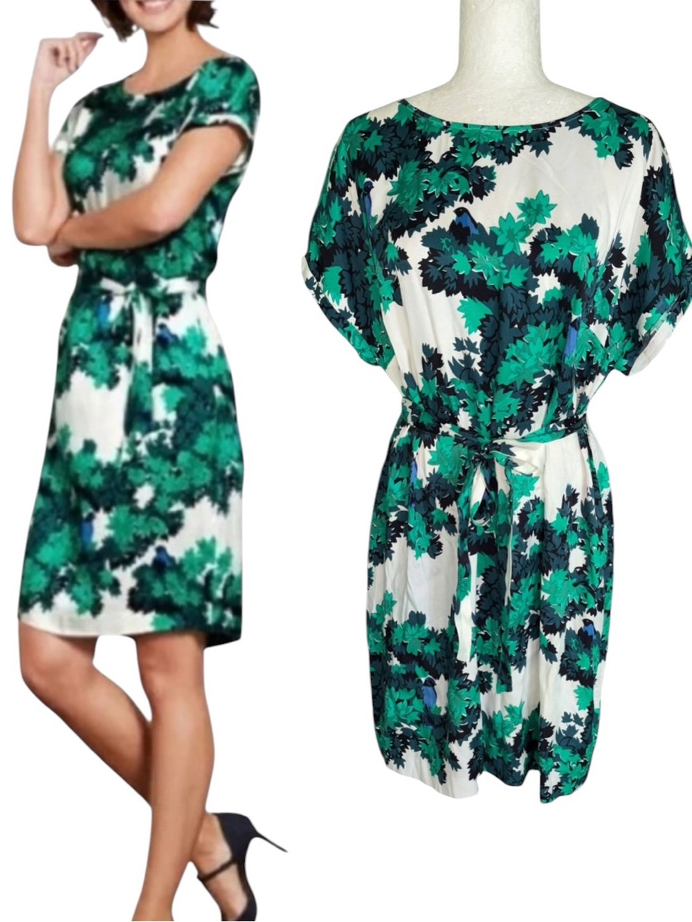 Boden Meadow Green Botanical Bird Print Tie Waist Mini Dress - 12